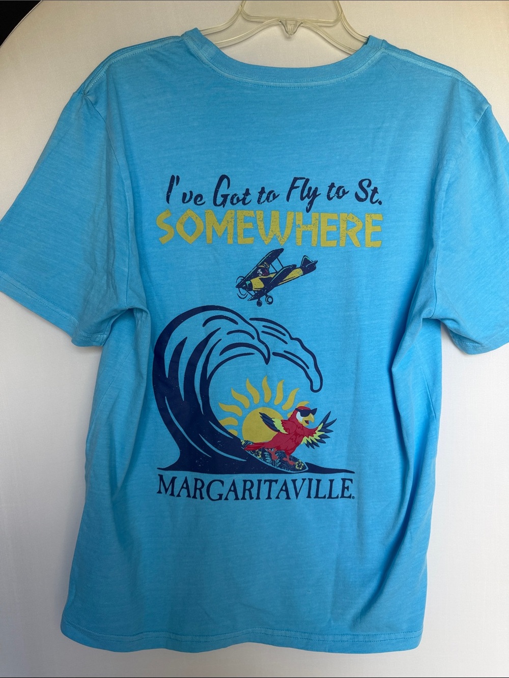 NWT MED Margaritaville Light Blue Short Sleeve Pocket Tee with Plane Graphic NEW - Picture 5 of 7